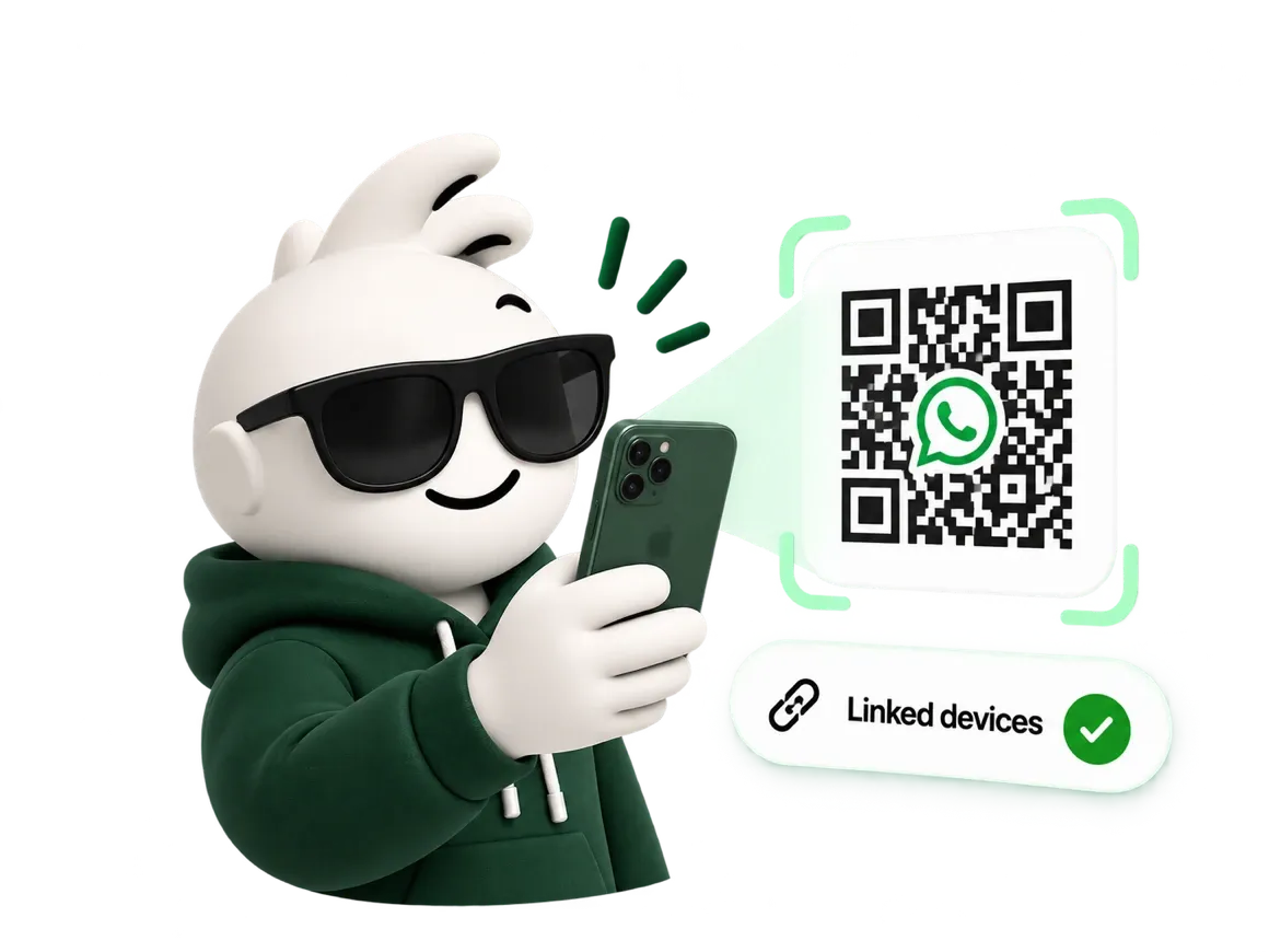 Peachy holding a phone to scan a WhatsApp QR code, with the Linked devices confirmation ticked.