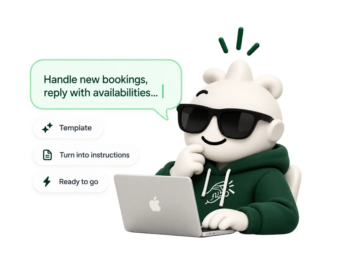 Peachy at a laptop typing an agent’s instructions in plain language — “Handle new bookings, reply with availabilities…” — beside the options to start from a template and turn it into instructions.